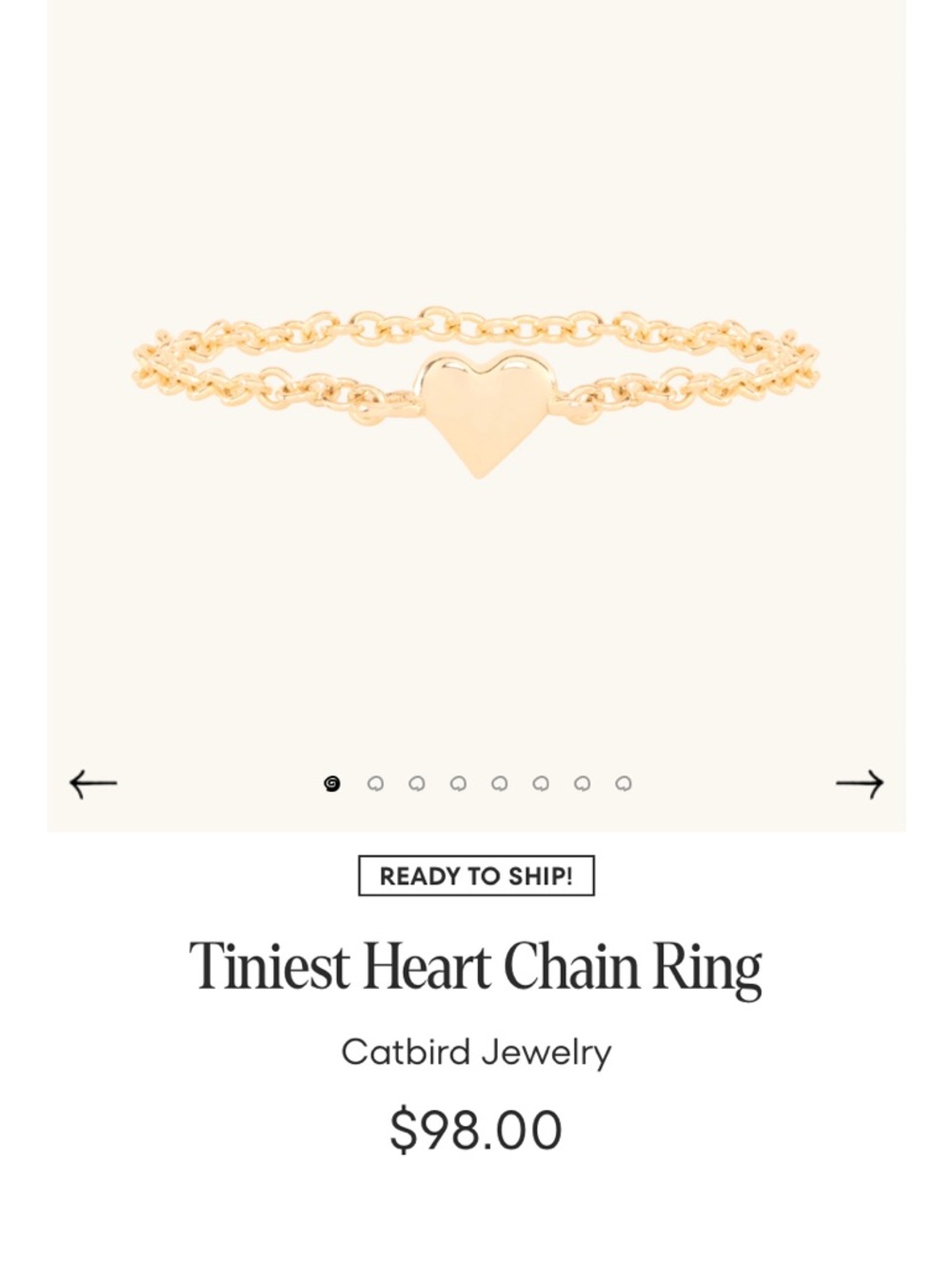 Catbird 14k Tiniest Heart Ring Size 7, EUC, Solid Yellow Gold